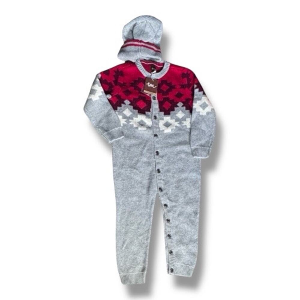 Tea Collection Nordic Knit Jumpsuit With Hat Gray Red Fair Isle 18 24 Months